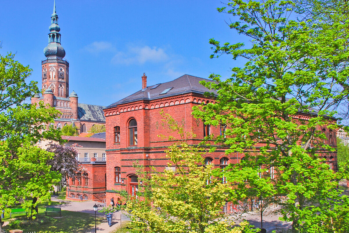 Blick auf das Institut für Deutsche Philologie Zwischen frischer grüner Vegetation erkennt man das Gebäude der Germanistik; im Hintergrund sieht man den Dom St. Nikolai.