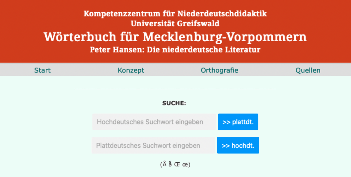 Startseite des Online-Wörterbuchs für Mecklenburg-Vorpommern.