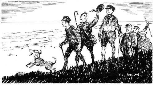 Zeichnung aus Hein Hannemann. Wanderung von Jungen mit Hund über eine Wiese.
