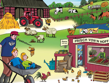 Paul und Emma spielen auf einem Bauernhof und sitzen in einer Schubkarre, die vom Bauern geschoben wird. Rechts im Bild befindet sich ein Hofladen und Hühner, im Hintergrund sind eine Scheune, Traktor, Schafe, Kühe und Pferde zu sehen. 