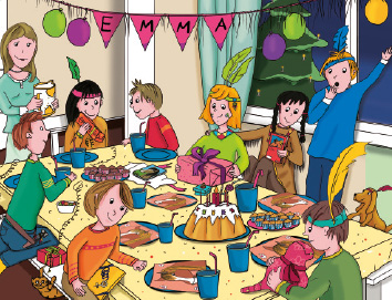 Paul und Emma feiern Kindergeburtstag. Alle Kinder haben Kostüme an und sind um den dekorierten Tisch verteilt.
