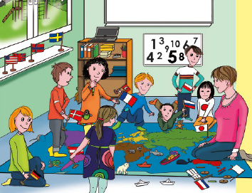 Paul und Emma sitzen mit ihrer Klasse und der Lehrerin auf einem Weltkartenteppich und sortieren die Flaggen auf die Karte.