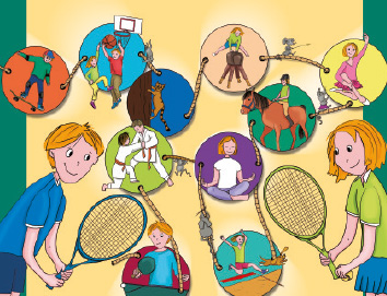 Paul und Emma spielen Tennis und im Hintergrund sind viele verschiedene Sportarten in Kreisen abgebildet.