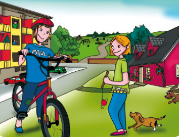 Paul steht an seinem Fahrrad und spricht zu Emma, die ein JoJo in der Hand hält. Im Hintergrund Ein- und Mehrfamilienhäuser, eine Straße und ein Hund.