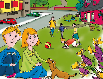 Paul und Emma sitzen am Boden und streicheln einen Hund. Im Hintergrund Wohngebiet mit spielenden Kindern.
