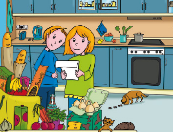 Paul und Emma schauen sich den Kassenzettel des Einkaufs vor ihnen an. Verschiedene Lebensmittel sind in der Küche verteilt. Ein Hund frisst Leckerlis vom Boden.