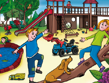 Paul und Emma sind mit ihrem Hund auf dem Spielplatz und balancieren auf einem Holzstamm. Im Hintergrund sind ein Klettergerüst, Sandkasten mit Bagger und ein Teich. 