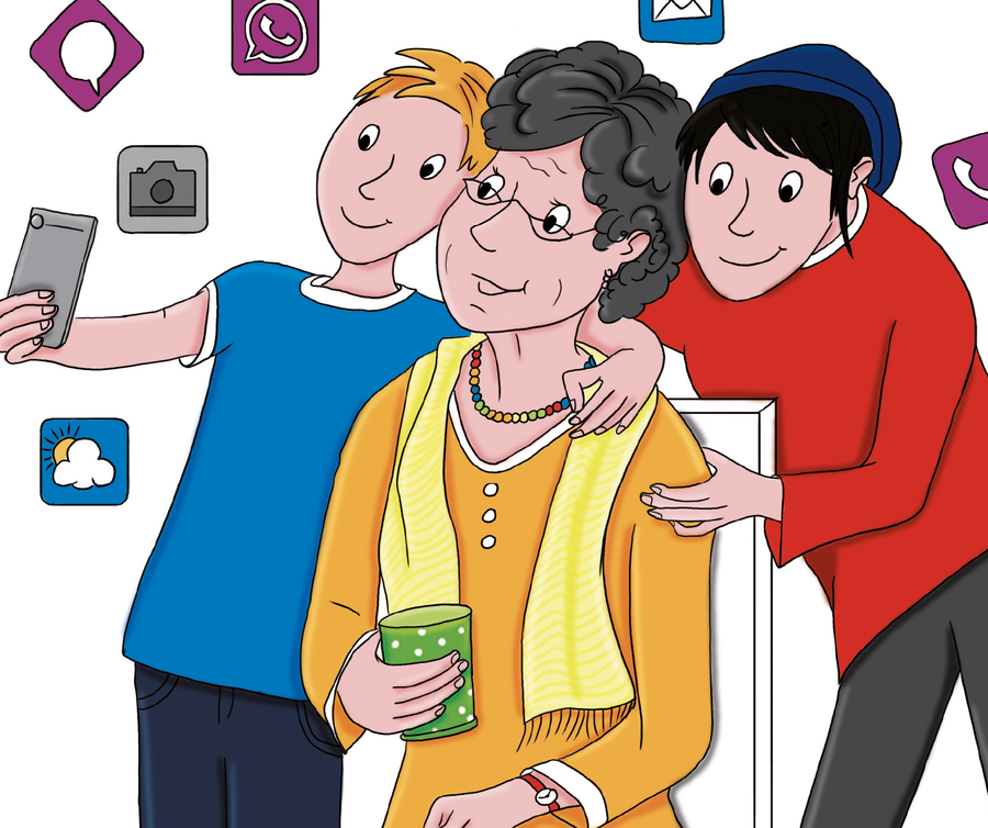 Paul macht ein Selfie mit einer alten und einer jungen Frau. Um sie herum schwirren App-Logos.