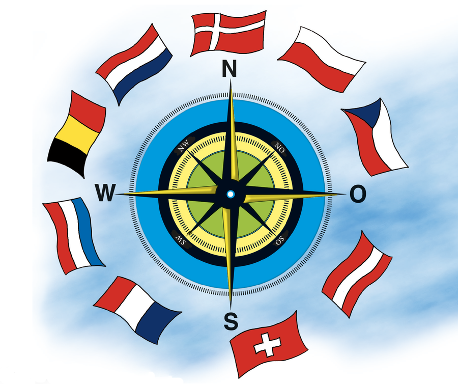 Kompass mit den Nachbarländern Deutschlands als Flagge in den verschiedenen Himmelsrichtungen.