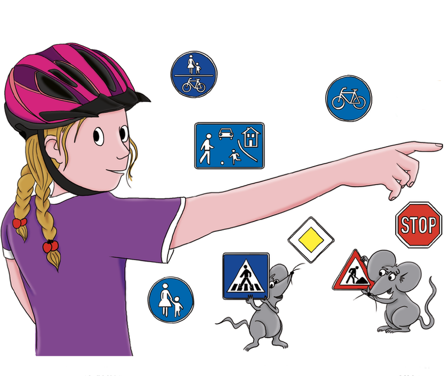 Emma mit Fahrradhelm zeigt nach rechts. Im Hintergrund sind verschiedene Verkehrsschilder zu sehen.
