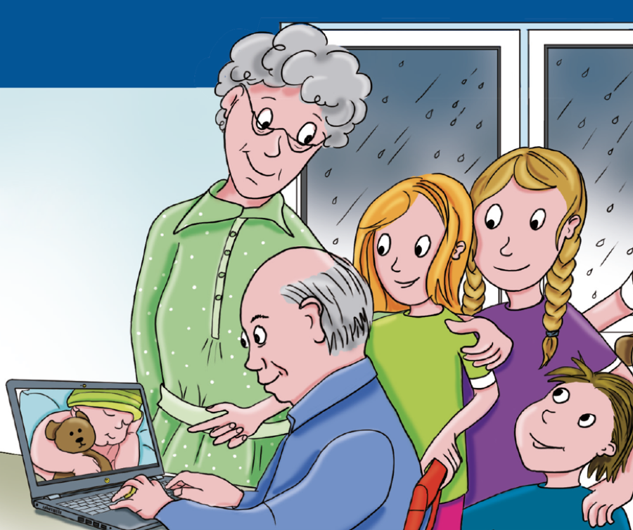 Emma schaut sich mit ihrer Familie und Großeltern am PC Babybilder an.