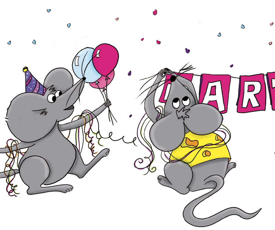 Zwei Mäuse hängen Partyschmuck auf und tragen Partyhüte.